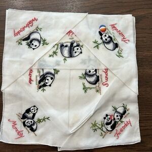 Vintage Mid Century Embroidered Panda Days Of The Week Handkerchief Set Of 7